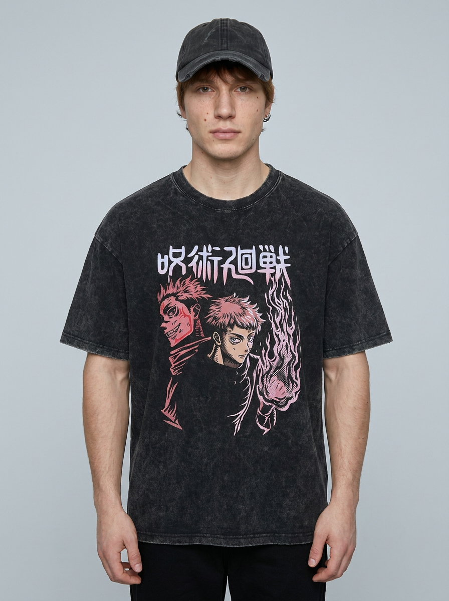 Vintage Washed Jujutsu Kaisen Gojo Sat T-Shirt full body model — oversized boxed t-shirt | Tempus Arc premium anime streetwear