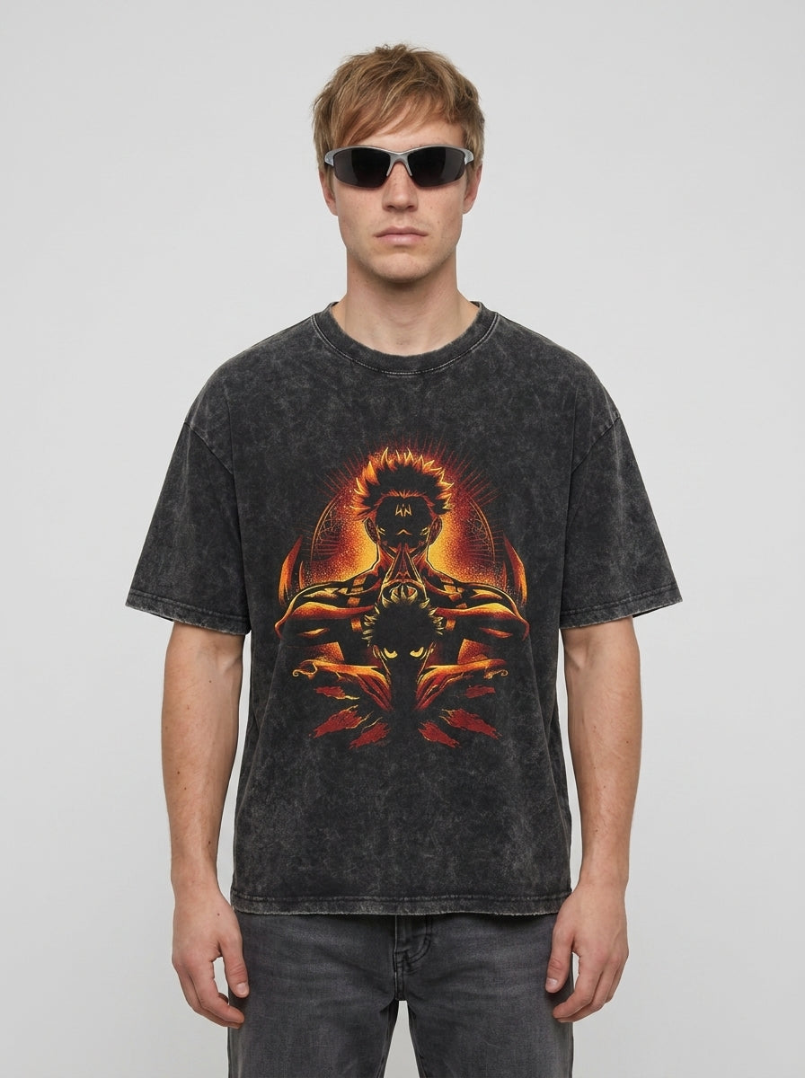 Vintage Washed Jujutsu Kaisen Gojo Sat T-Shirt full body model — oversized boxed t-shirt | Tempus Arc premium anime streetwear