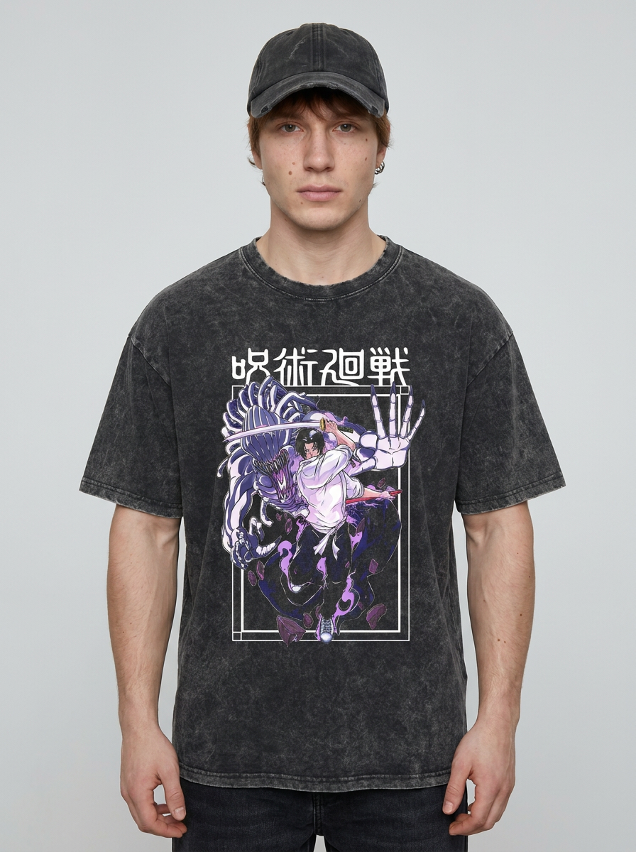 Vintage Washed Jujutsu Kaisen Gojo Sat T-Shirt full body model — oversized boxed t-shirt | Tempus Arc premium anime streetwear