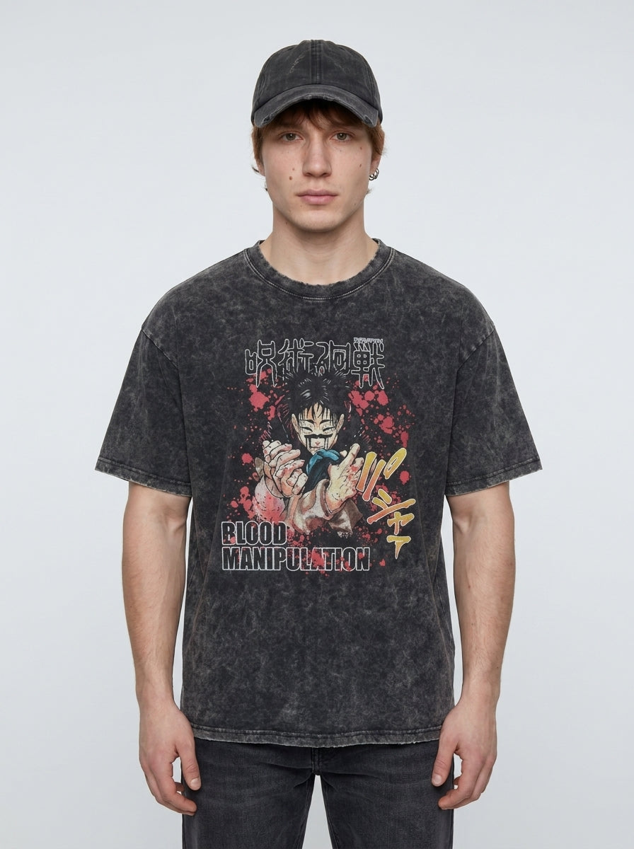 Vintage Washed Jujutsu Kaisen Gojo Sat T-Shirt full body model — oversized boxed t-shirt | Tempus Arc premium anime streetwear