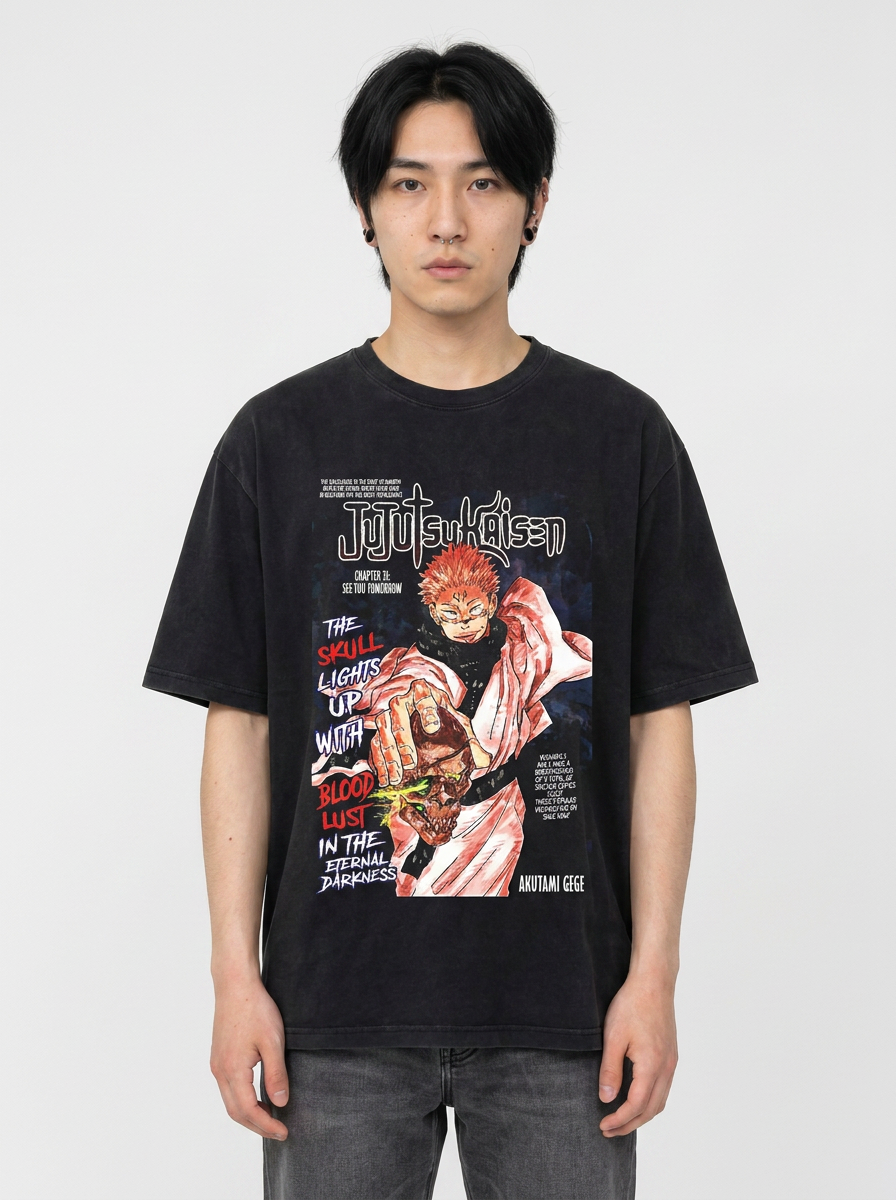 Vintage Washed Jujutsu Kaisen Gojo Sat T-Shirt full body model — oversized boxed t-shirt | Tempus Arc premium anime streetwear