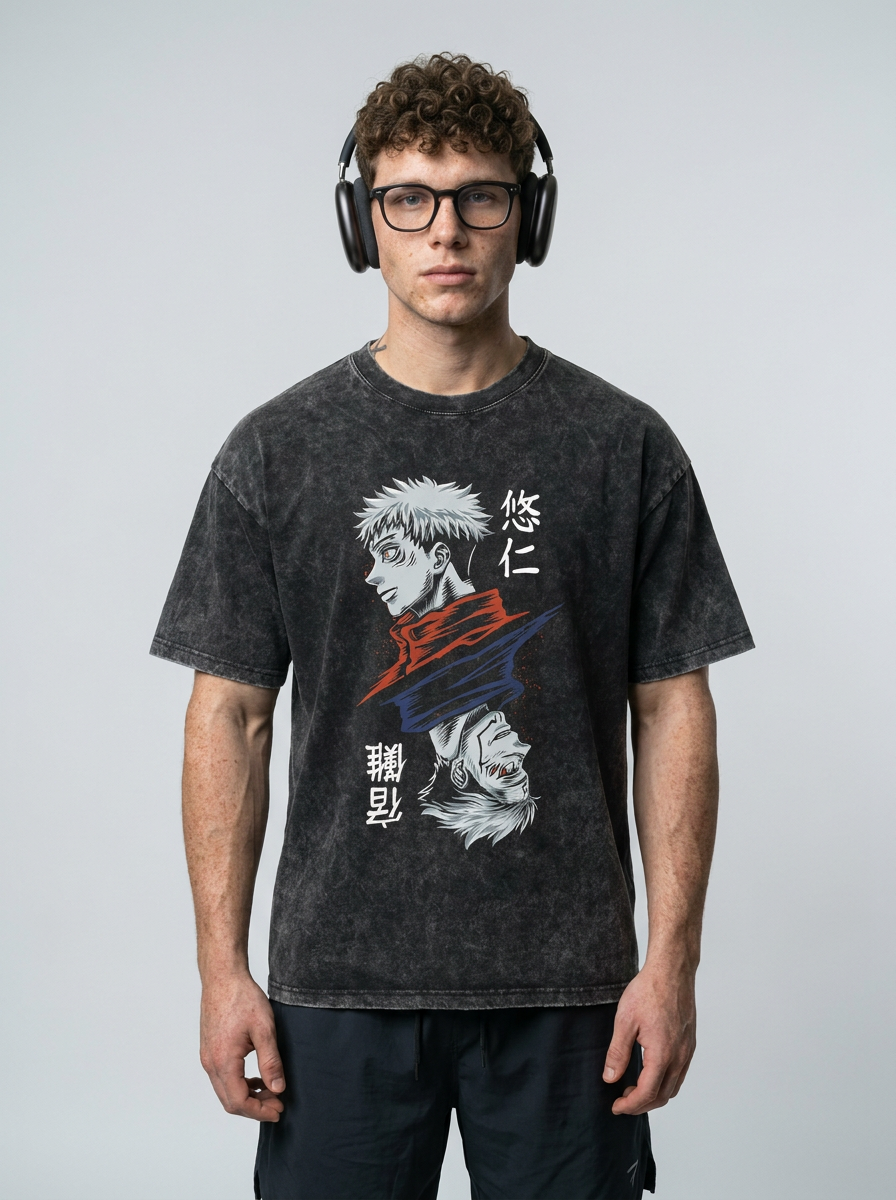 Vintage Washed Jujutsu Kaisen Gojo Sat T-Shirt full body model — oversized boxed t-shirt | Tempus Arc premium anime streetwear