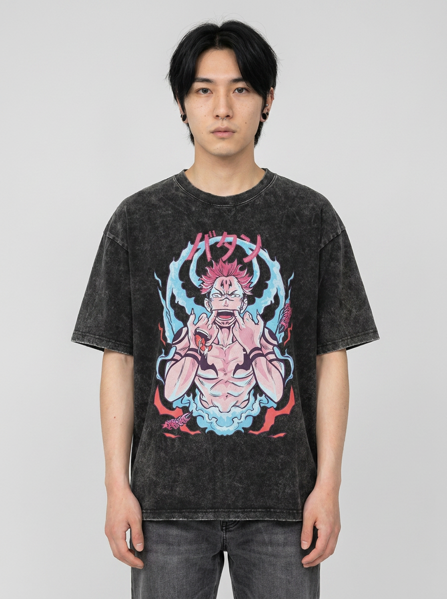 Vintage Washed Jujutsu Kaisen Gojo Sat T-Shirt full body model — oversized boxed t-shirt | Tempus Arc premium anime streetwear
