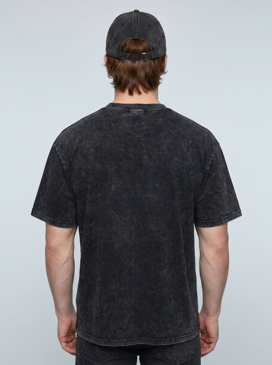 Back view of washed black oversized t-shirt | Tempus Arc premium anime streetwear