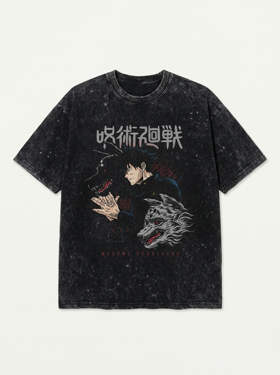 Vintage Washed Jujutsu Kaisen Gojo Sat T-Shirt flat lay front view — washed black oversized t-shirt | Tempus Arc premium anime streetwear