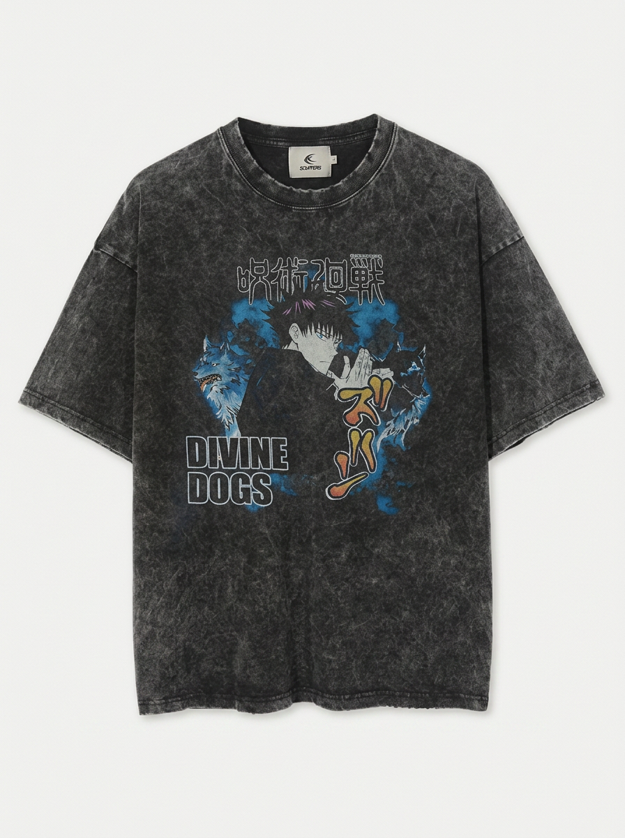Vintage Washed Jujutsu Kaisen Gojo Sat T-Shirt flat lay front view — washed black oversized t-shirt | Tempus Arc premium anime streetwear