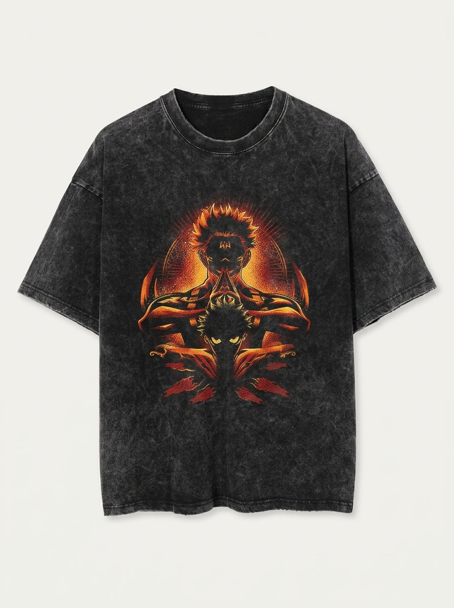 Vintage Washed Jujutsu Kaisen Gojo Sat T-Shirt flat lay front view — washed black oversized t-shirt | Tempus Arc premium anime streetwear