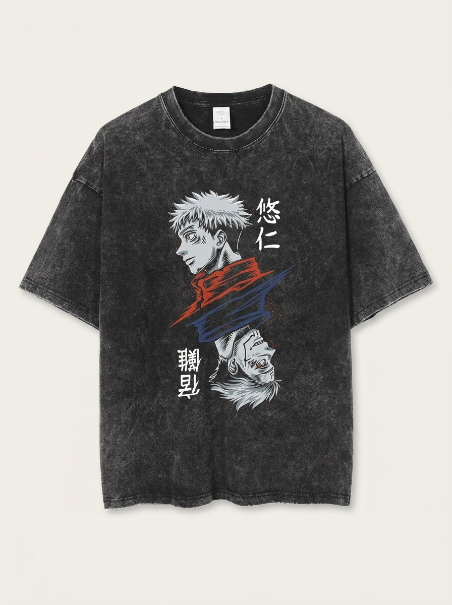 Vintage Washed Jujutsu Kaisen Gojo Sat T-Shirt flat lay front view — washed black oversized t-shirt | Tempus Arc premium anime streetwear