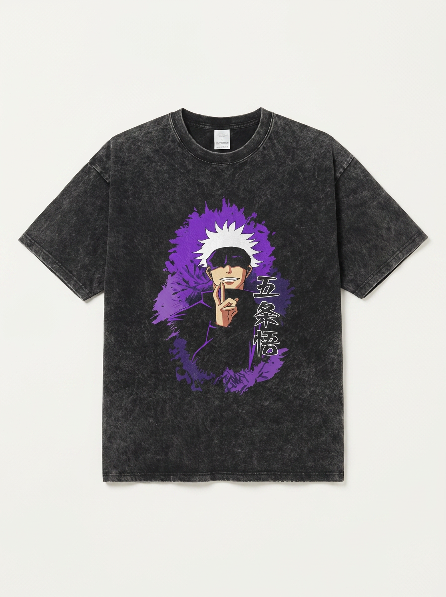 Vintage Washed Jujutsu Kaisen Gojo Sat T-Shirt flat lay front view — washed black oversized t-shirt | Tempus Arc premium anime streetwear