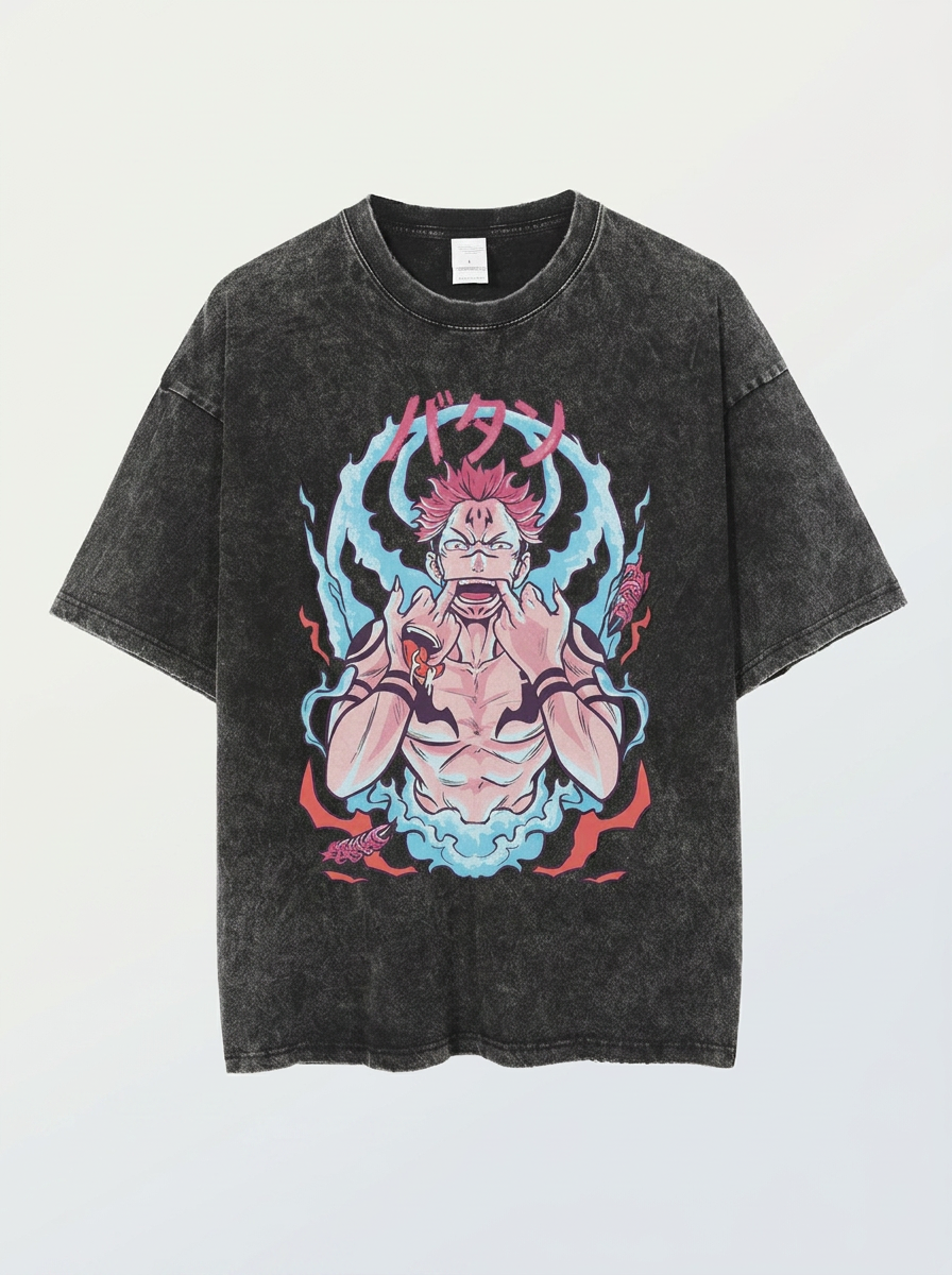 Vintage Washed Jujutsu Kaisen Gojo Sat T-Shirt flat lay front view — washed black oversized t-shirt | Tempus Arc premium anime streetwear