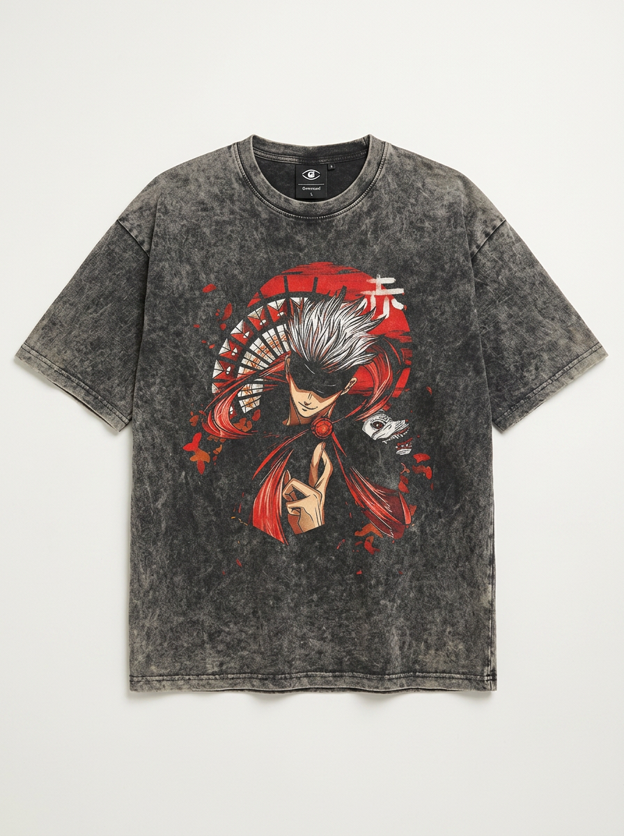 Vintage Washed Jujutsu Kaisen Gojo Sat T-Shirt flat lay front view — washed black oversized t-shirt | Tempus Arc premium anime streetwear