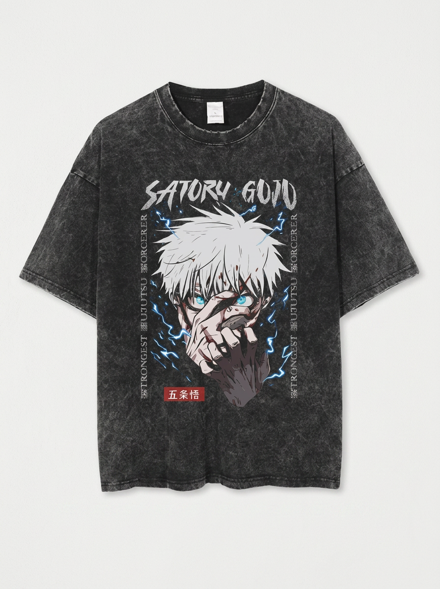 Vintage Washed Jujutsu Kaisen Gojo Sat T-Shirt flat lay front view — washed black oversized t-shirt | Tempus Arc premium anime streetwear
