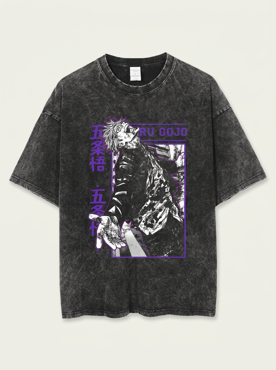 Vintage Washed Jujutsu Kaisen Gojo Sat T-Shirt flat lay front view — washed black oversized t-shirt | Tempus Arc premium anime streetwear