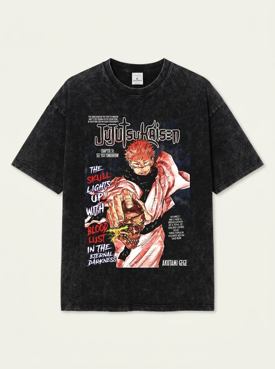 Vintage Washed Jujutsu Kaisen Gojo Sat T-Shirt flat lay front view — washed black oversized t-shirt | Tempus Arc premium anime streetwear