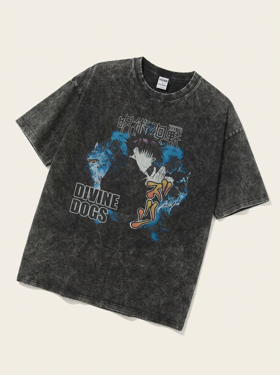 Vintage Washed Jujutsu Kaisen Gojo Sat T-Shirt angle perspective shot — washed cotton t-shirt | Tempus Arc premium anime streetwear