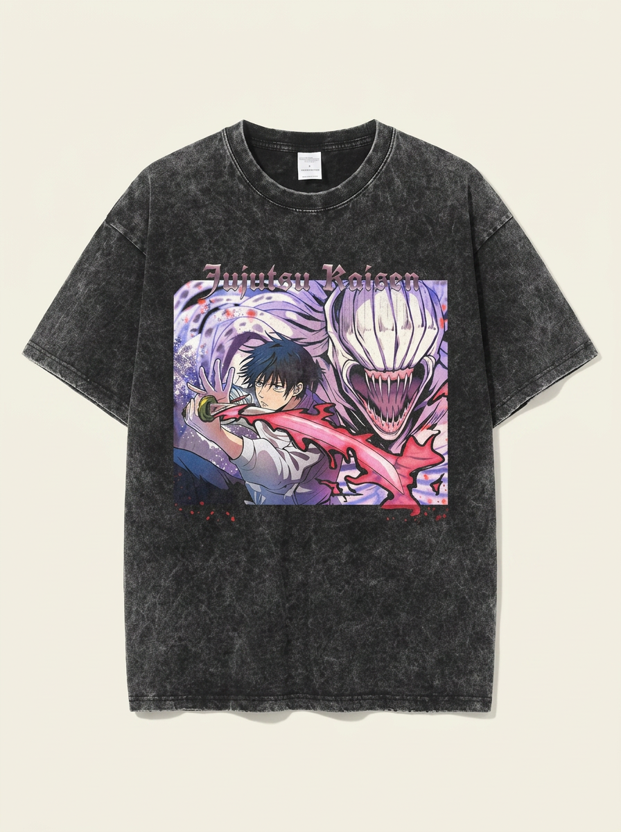 Vintage Washed Jujutsu Kaisen Gojo Sat T-Shirt angle perspective shot — washed cotton t-shirt | Tempus Arc premium anime streetwear