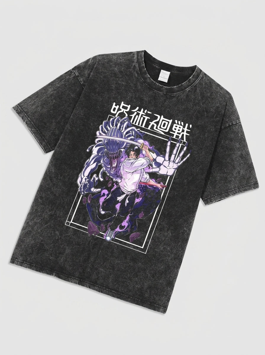 Vintage Washed Jujutsu Kaisen Gojo Sat T-Shirt angle perspective shot — washed cotton t-shirt | Tempus Arc premium anime streetwear