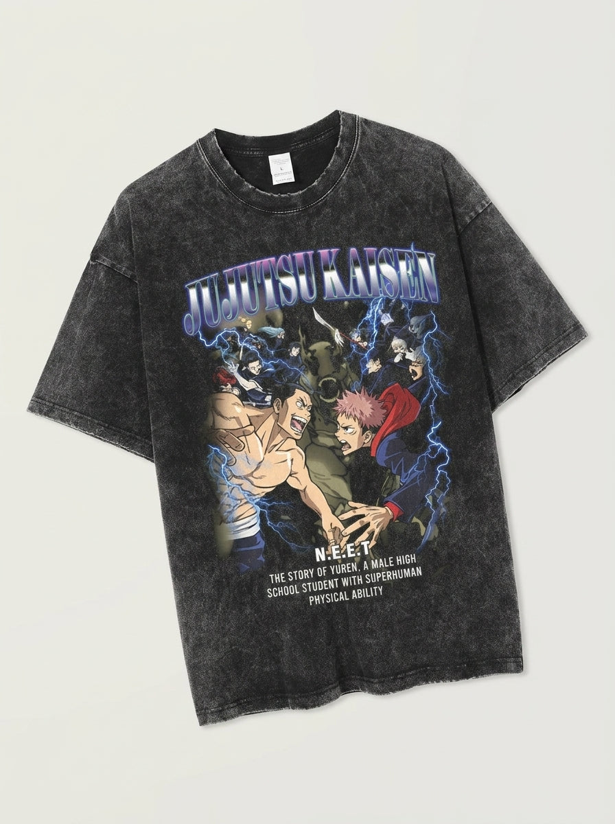 Vintage Washed Jujutsu Kaisen Gojo Sat T-Shirt angle perspective shot — washed cotton t-shirt | Tempus Arc premium anime streetwear