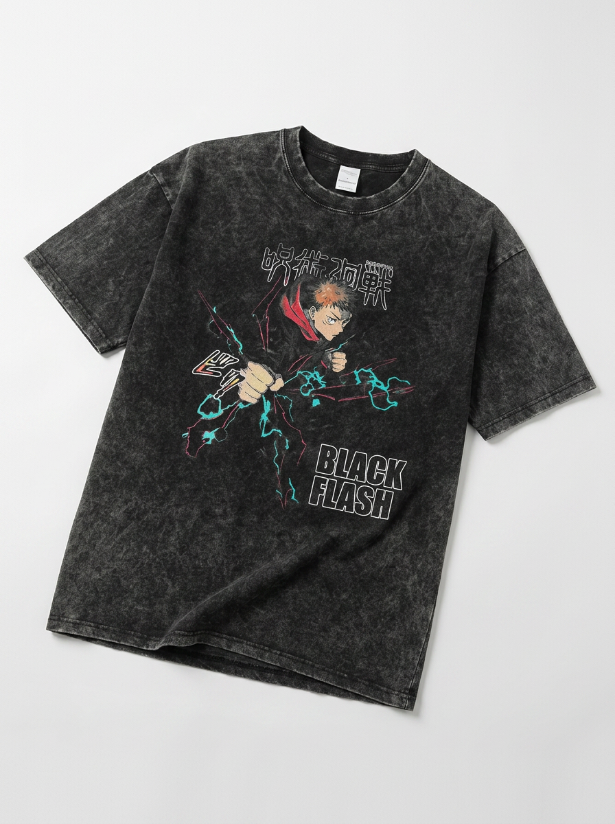 Vintage Washed Jujutsu Kaisen Gojo Sat T-Shirt angle perspective shot — washed cotton t-shirt | Tempus Arc premium anime streetwear