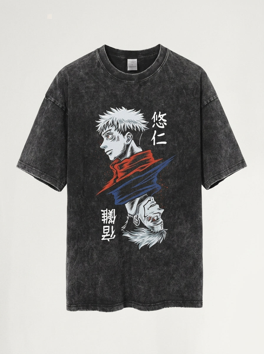 Vintage Washed Jujutsu Kaisen Gojo Sat T-Shirt angle perspective shot — washed cotton t-shirt | Tempus Arc premium anime streetwear