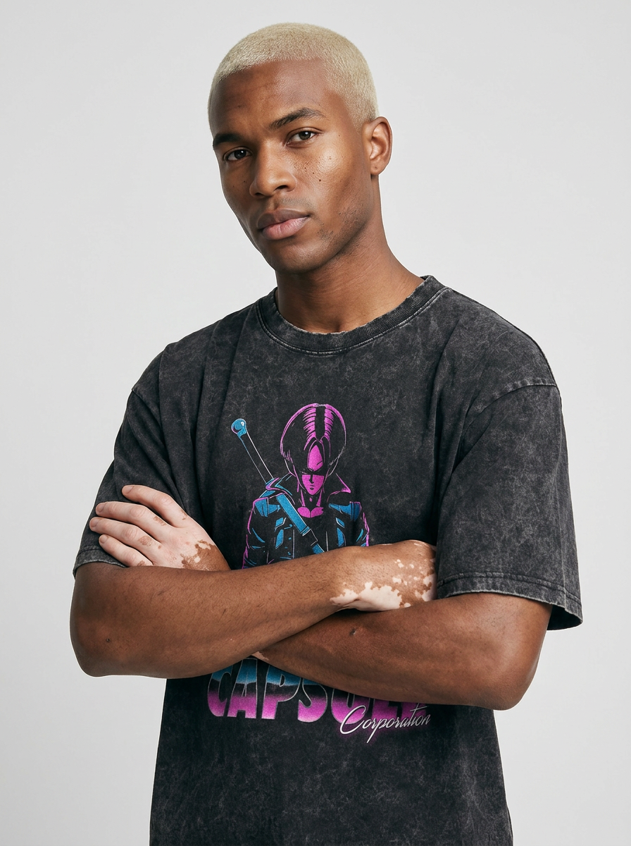 Washed Black Dragon Ball Anime T-shirt for Summer Fashion on model arms crossed — washed black t-shirt | Tempus Arc premium anime streetwear