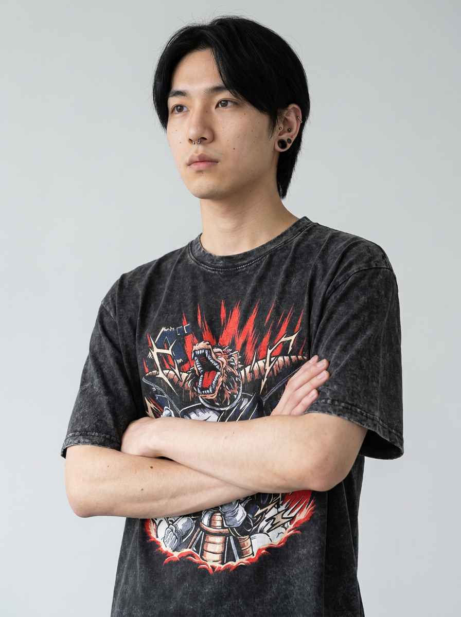 Washed Black Dragon Ball Anime T-shirt for Summer Fashion on model arms crossed — washed black t-shirt | Tempus Arc premium anime streetwear
