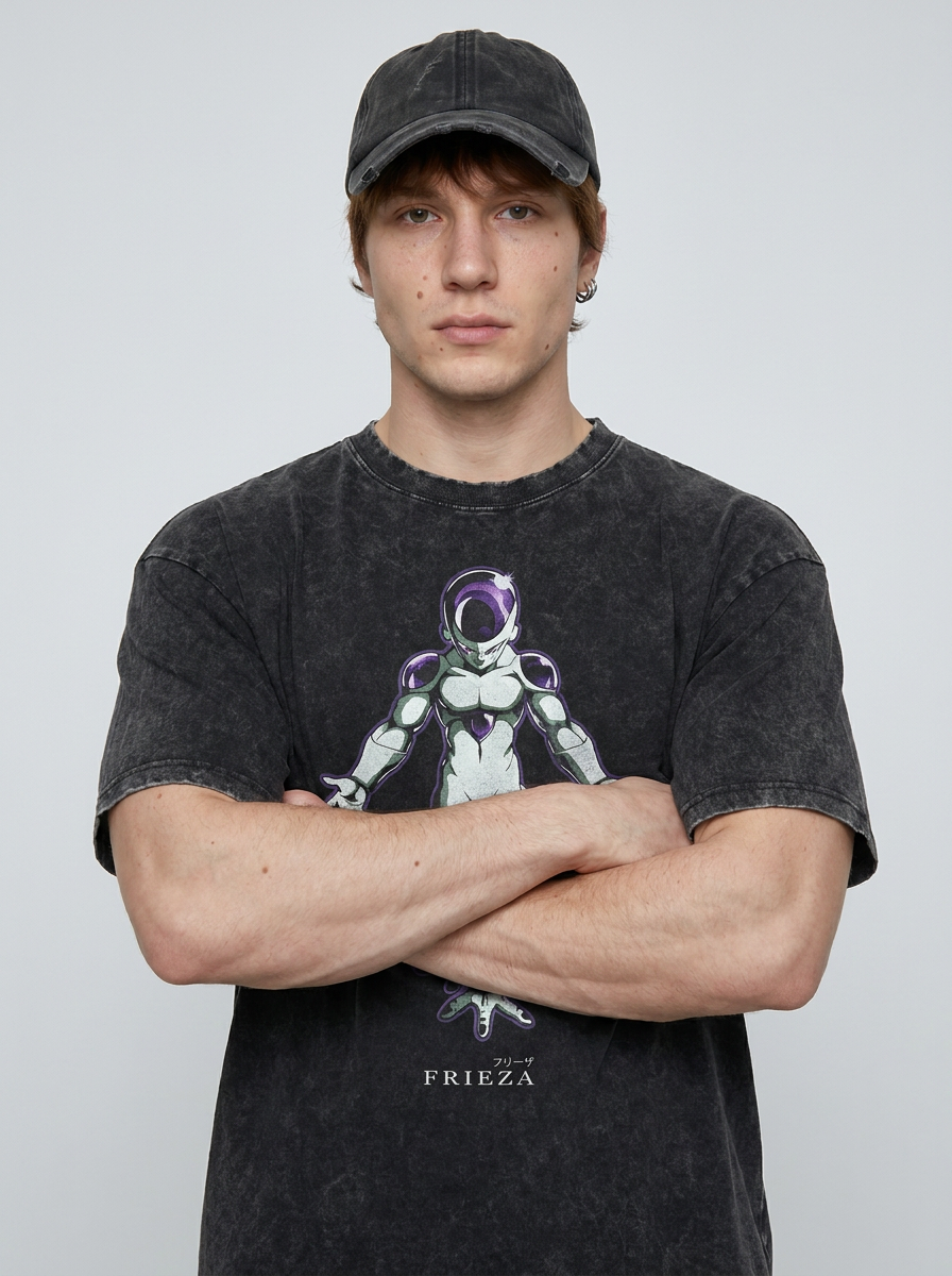 Washed Black Dragon Ball Anime T-shirt for Summer Fashion on model arms crossed — washed black t-shirt | Tempus Arc premium anime streetwear