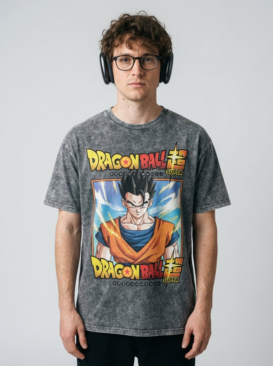 Washed Black Dragon Ball Anime T-shirt for Summer Fashion model frontal central — washed black t-shirt | Tempus Arc premium anime streetwear