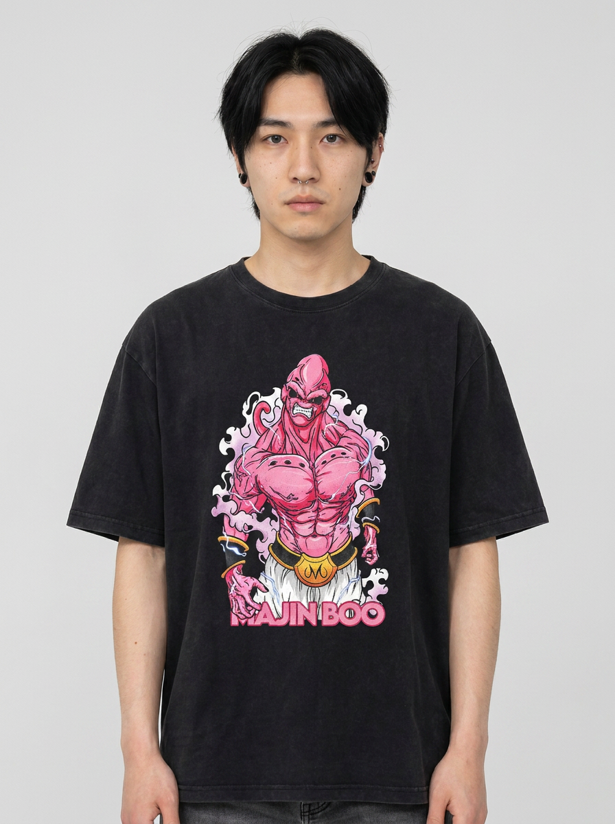 Washed Black Dragon Ball Anime T-shirt for Summer Fashion model frontal central — washed black t-shirt | Tempus Arc premium anime streetwear