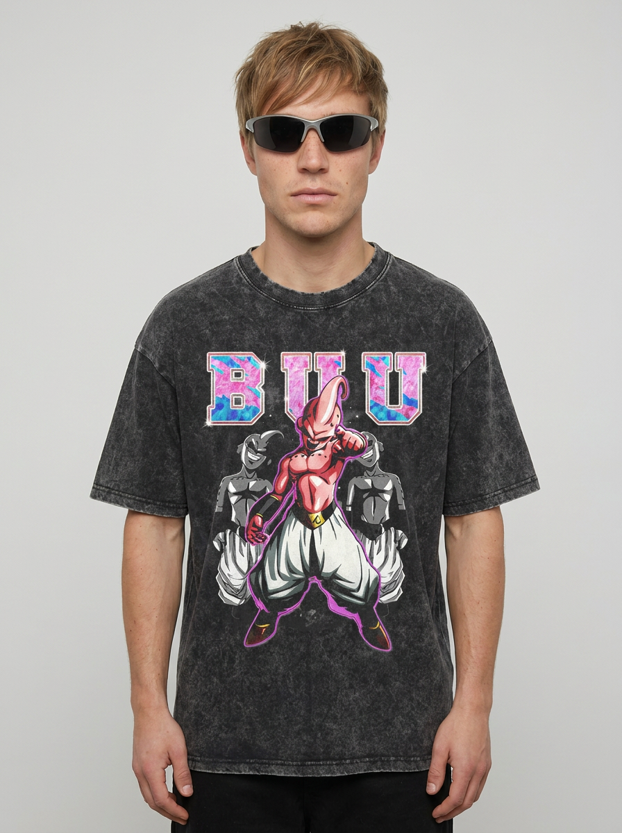 Washed Black Dragon Ball Anime T-shirt for Summer Fashion model frontal central — washed black t-shirt | Tempus Arc premium anime streetwear