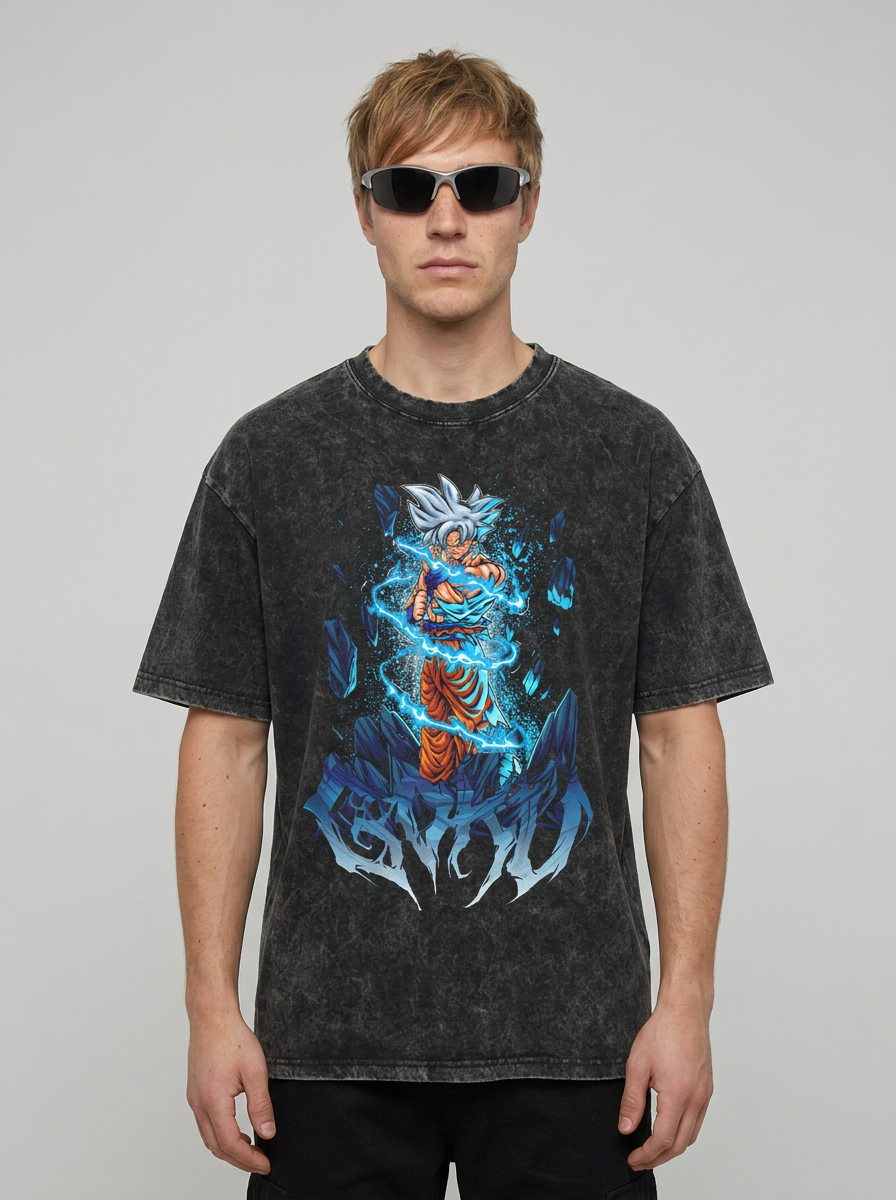 Washed Black Dragon Ball Anime T-shirt for Summer Fashion model frontal central — washed black t-shirt | Tempus Arc premium anime streetwear