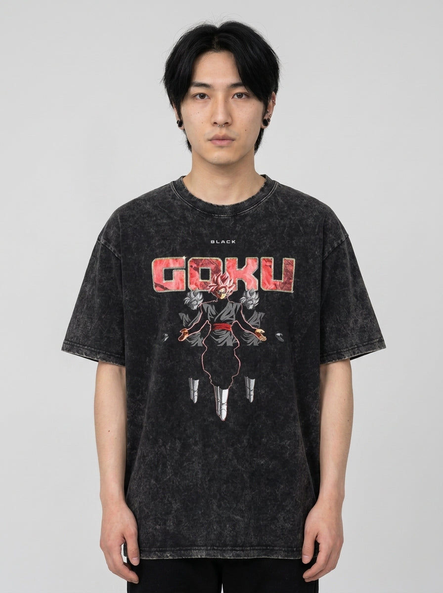Washed Black Dragon Ball Anime T-shirt for Summer Fashion model frontal central — washed black t-shirt | Tempus Arc premium anime streetwear