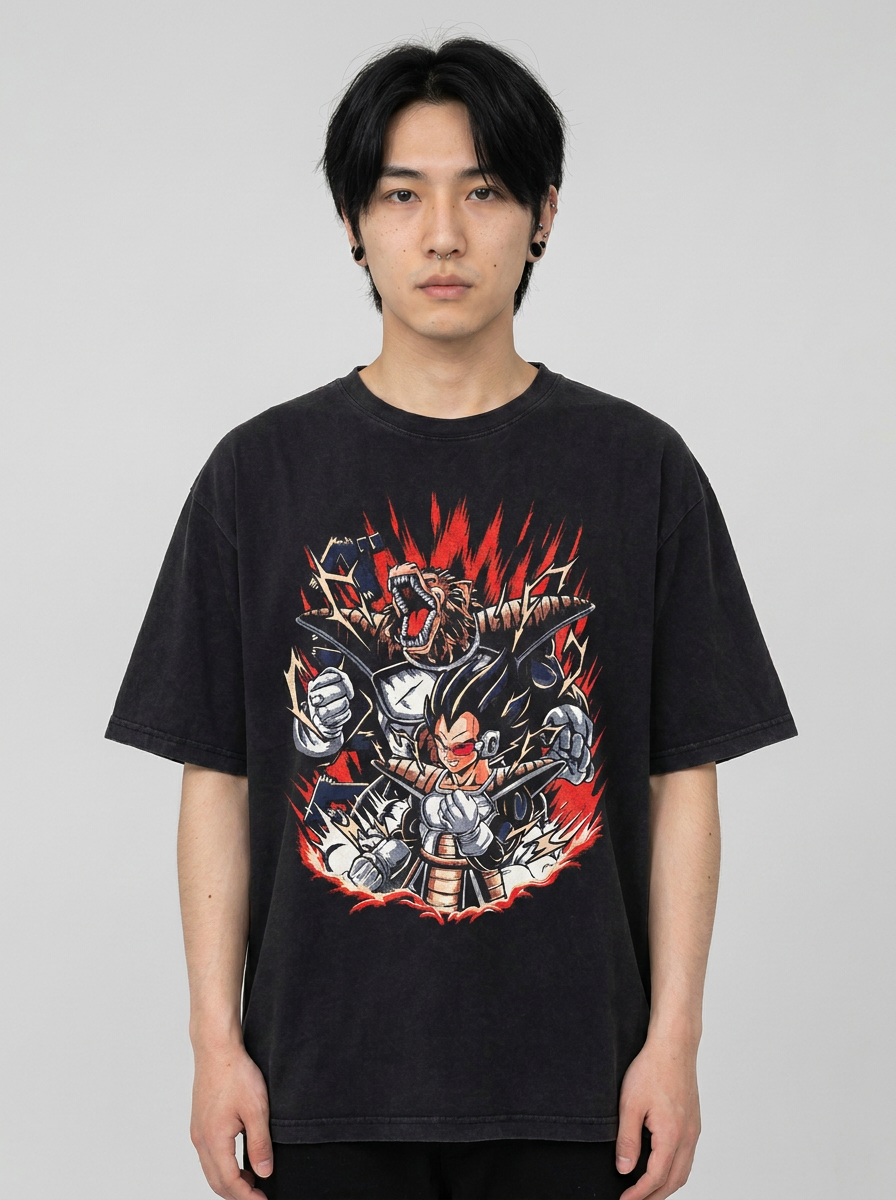 Washed Black Dragon Ball Anime T-shirt for Summer Fashion model frontal central — washed black t-shirt | Tempus Arc premium anime streetwear
