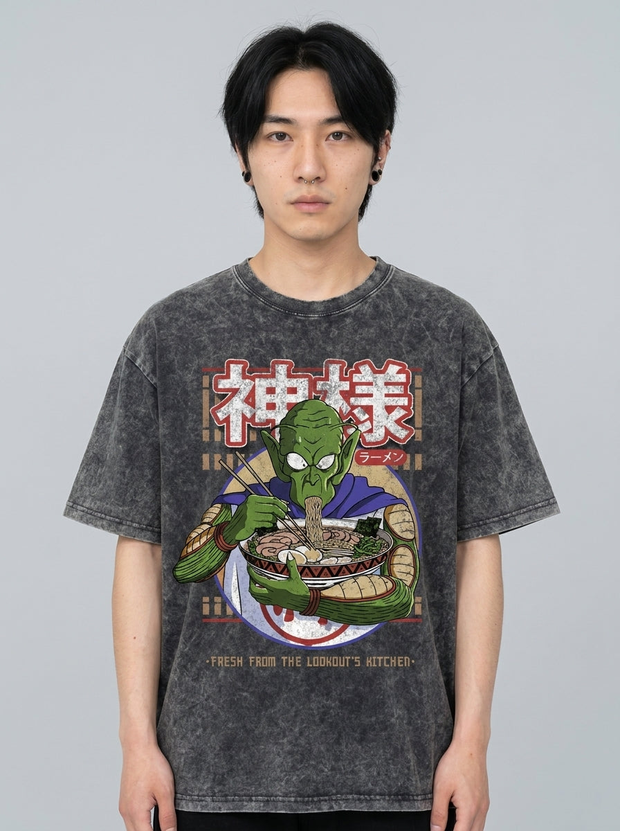 Washed Black Dragon Ball Anime T-shirt for Summer Fashion model frontal central — washed black t-shirt | Tempus Arc premium anime streetwear