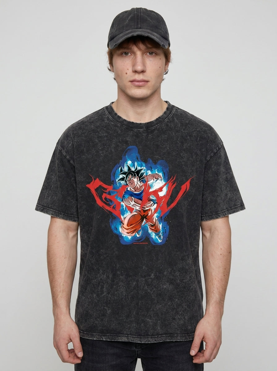 Washed Black Dragon Ball Anime T-shirt for Summer Fashion model frontal central — washed black t-shirt | Tempus Arc premium anime streetwear