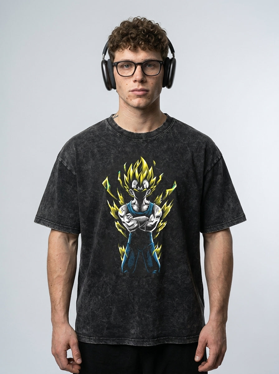 Washed Black Dragon Ball Anime T-shirt for Summer Fashion model frontal central — washed black t-shirt | Tempus Arc premium anime streetwear