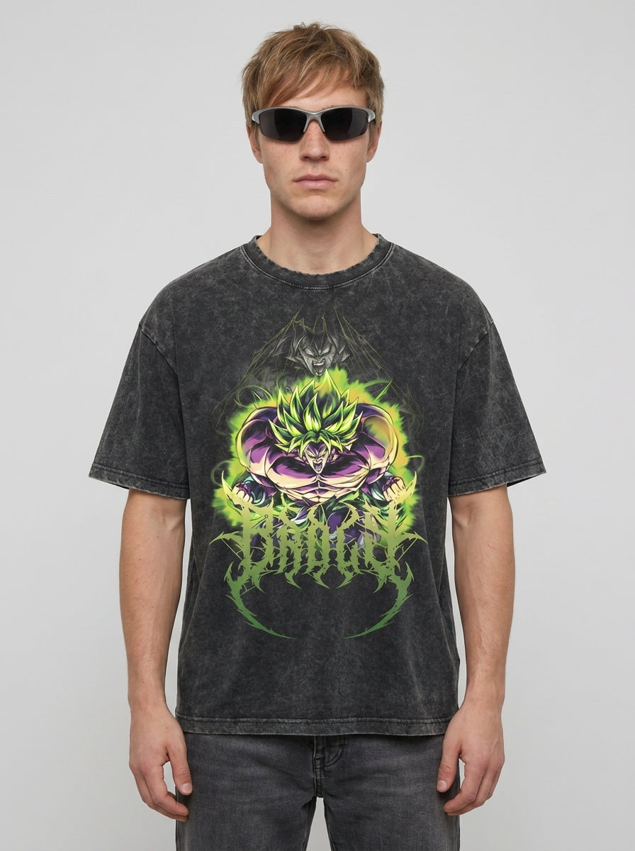 Washed Black Dragon Ball Anime T-shirt for Summer Fashion model frontal central — washed black t-shirt | Tempus Arc premium anime streetwear