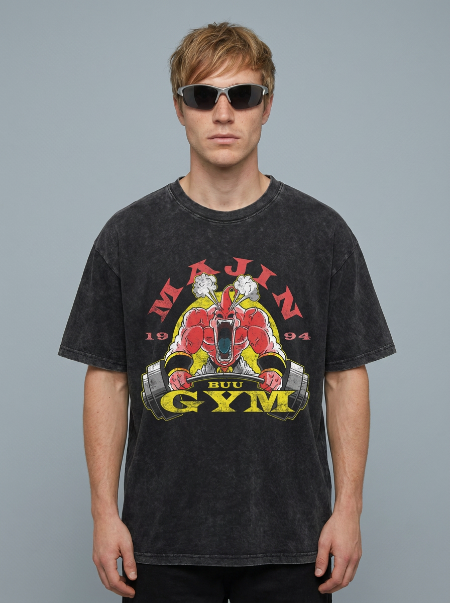 Washed Black Dragon Ball Anime T-shirt for Summer Fashion model frontal central — washed black t-shirt | Tempus Arc premium anime streetwear