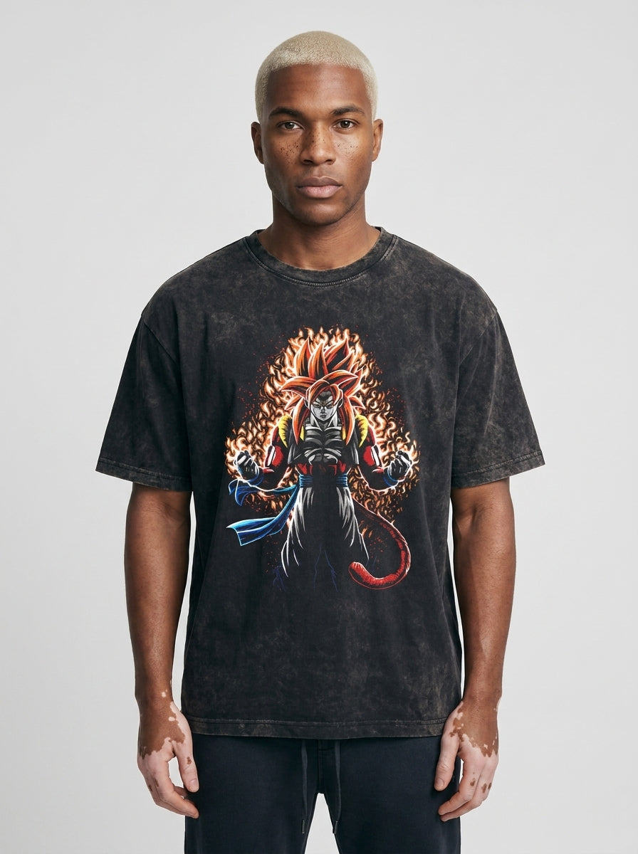 Washed Black Dragon Ball Anime T-shirt for Summer Fashion model frontal central — washed black t-shirt | Tempus Arc premium anime streetwear