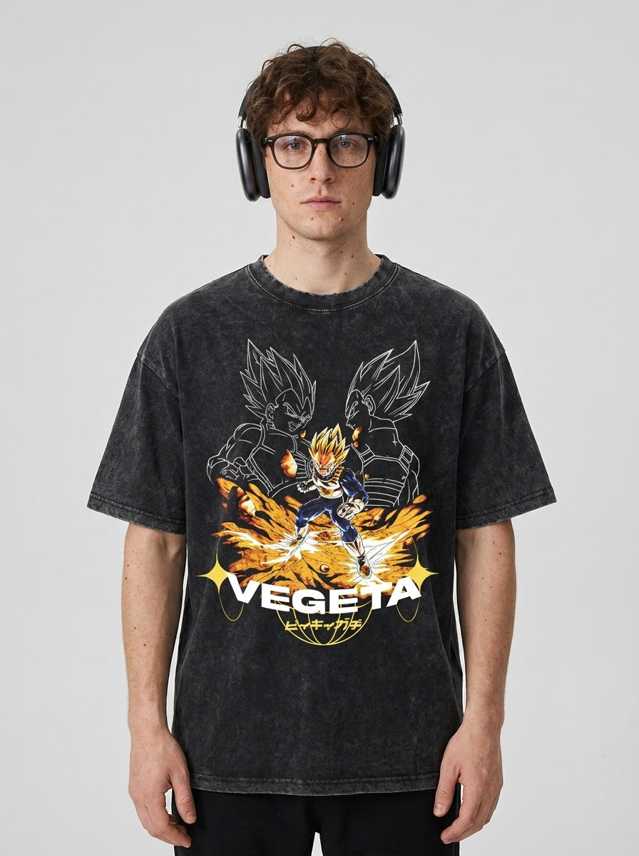 Washed Black Dragon Ball Anime T-shirt for Summer Fashion model frontal central — washed black t-shirt | Tempus Arc premium anime streetwear