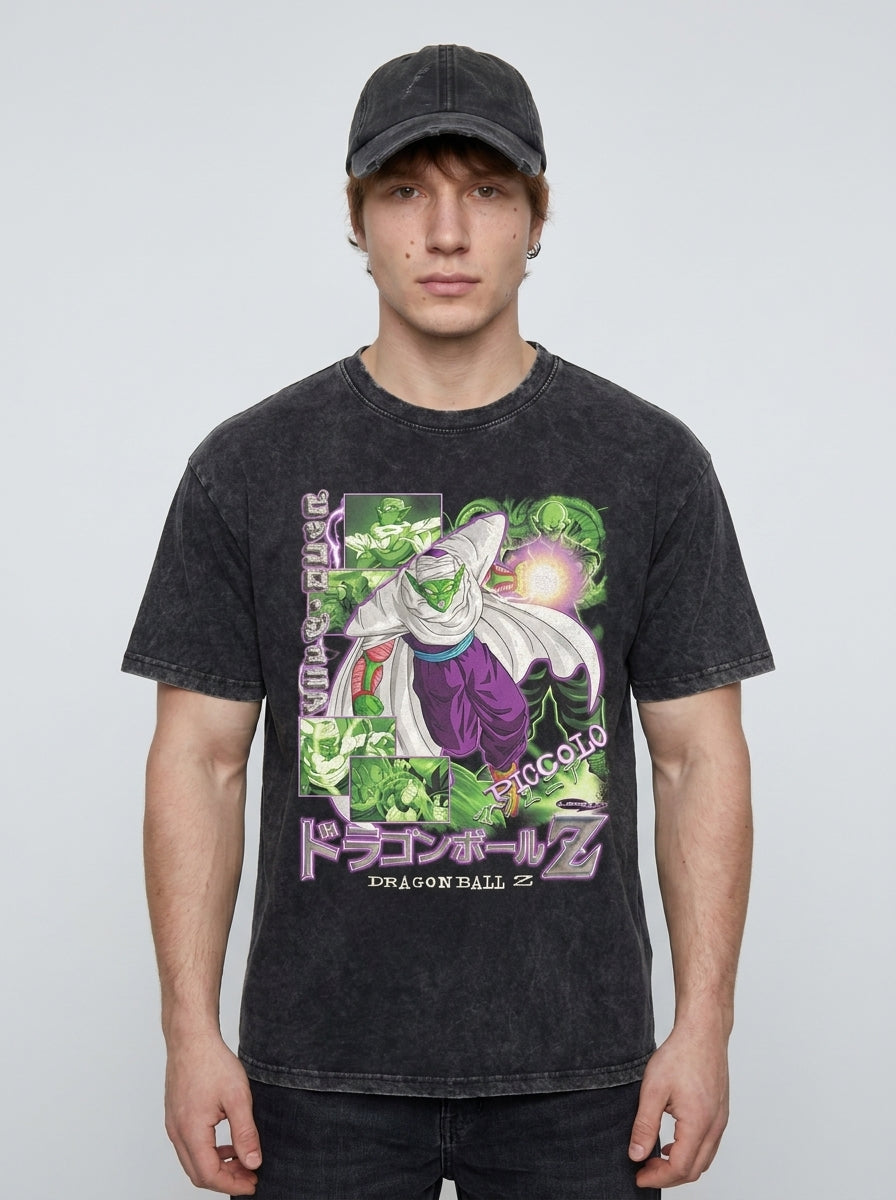 Washed Black Dragon Ball Anime T-shirt for Summer Fashion model frontal central — washed black t-shirt | Tempus Arc premium anime streetwear