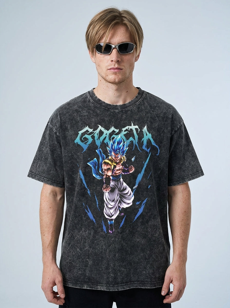 Washed Black Dragon Ball Anime T-shirt for Summer Fashion model frontal central — washed black t-shirt | Tempus Arc premium anime streetwear