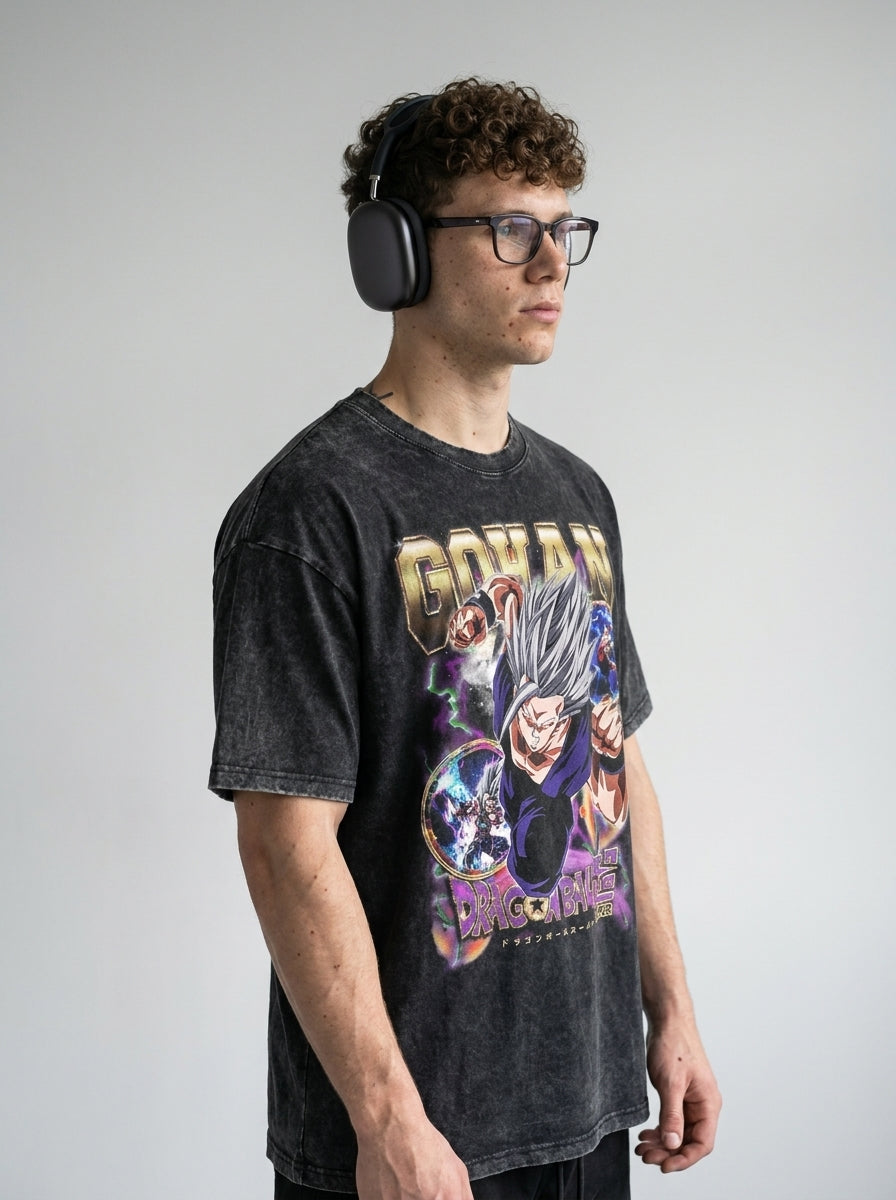 Washed Black Dragon Ball Anime T-shirt for Summer Fashion model lateral 3/4 — oversized washed cotton t-shirt | Tempus Arc premium anime streetwear