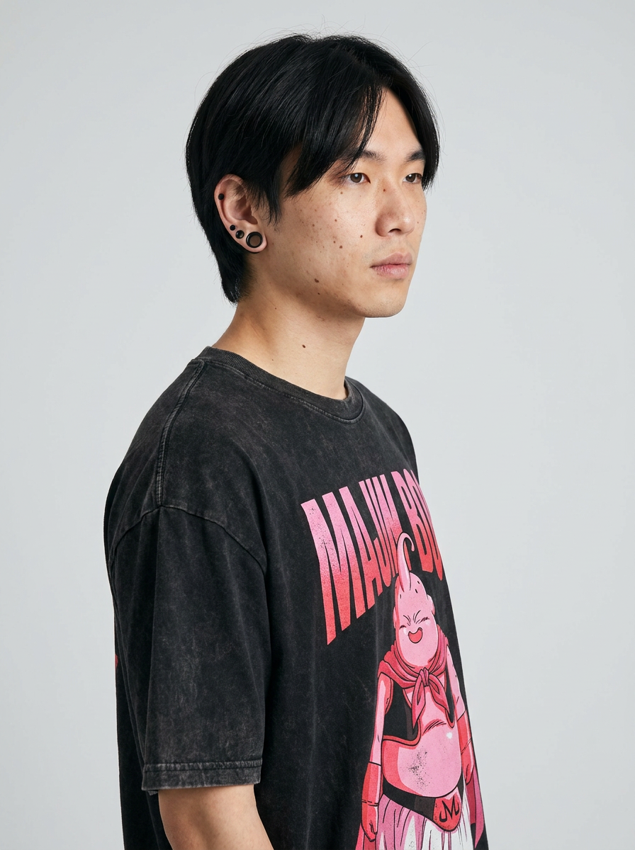 Washed Black Dragon Ball Anime T-shirt for Summer Fashion model lateral 3/4 — oversized washed cotton t-shirt | Tempus Arc premium anime streetwear