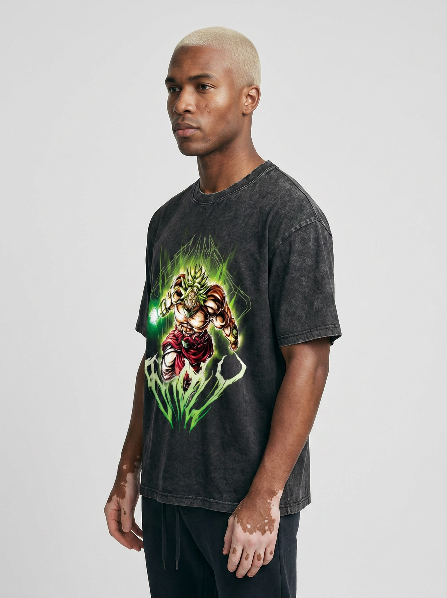 Washed Black Dragon Ball Anime T-shirt for Summer Fashion model lateral 3/4 — oversized washed cotton t-shirt | Tempus Arc premium anime streetwear