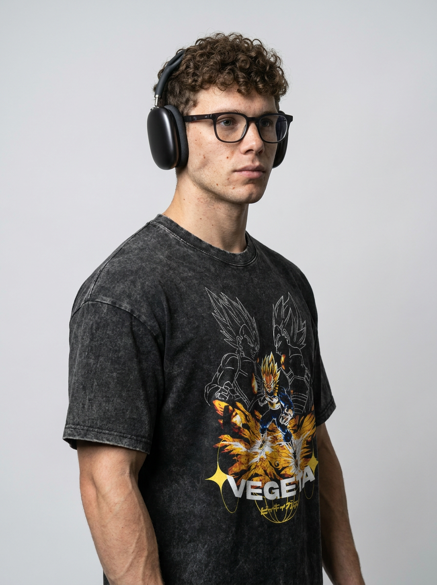 Washed Black Dragon Ball Anime T-shirt for Summer Fashion model lateral 3/4 — oversized washed cotton t-shirt | Tempus Arc premium anime streetwear