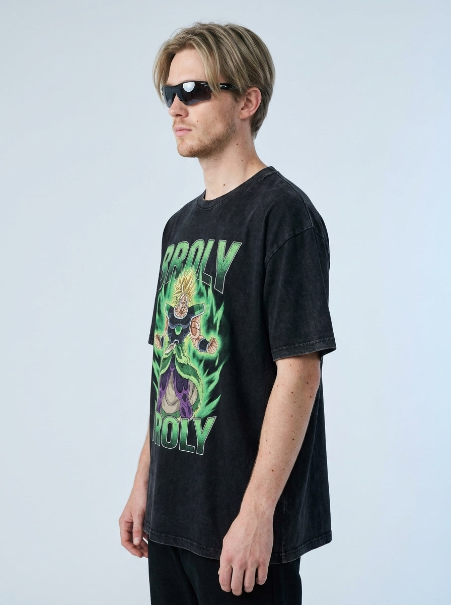 Washed Black Dragon Ball Anime T-shirt for Summer Fashion model lateral 3/4 — oversized washed cotton t-shirt | Tempus Arc premium anime streetwear