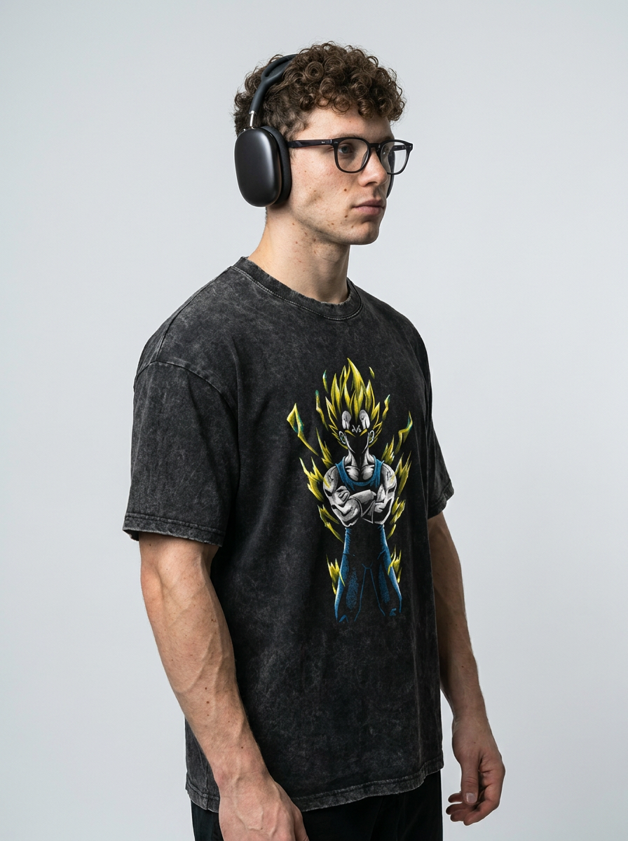 Washed Black Dragon Ball Anime T-shirt for Summer Fashion model lateral 3/4 — oversized washed cotton t-shirt | Tempus Arc premium anime streetwear