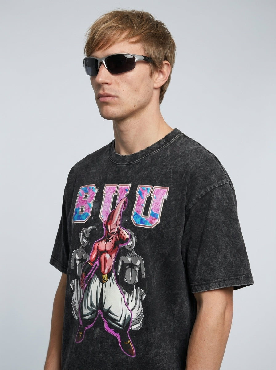 Washed Black Dragon Ball Anime T-shirt for Summer Fashion model lateral 3/4 — oversized washed cotton t-shirt | Tempus Arc premium anime streetwear