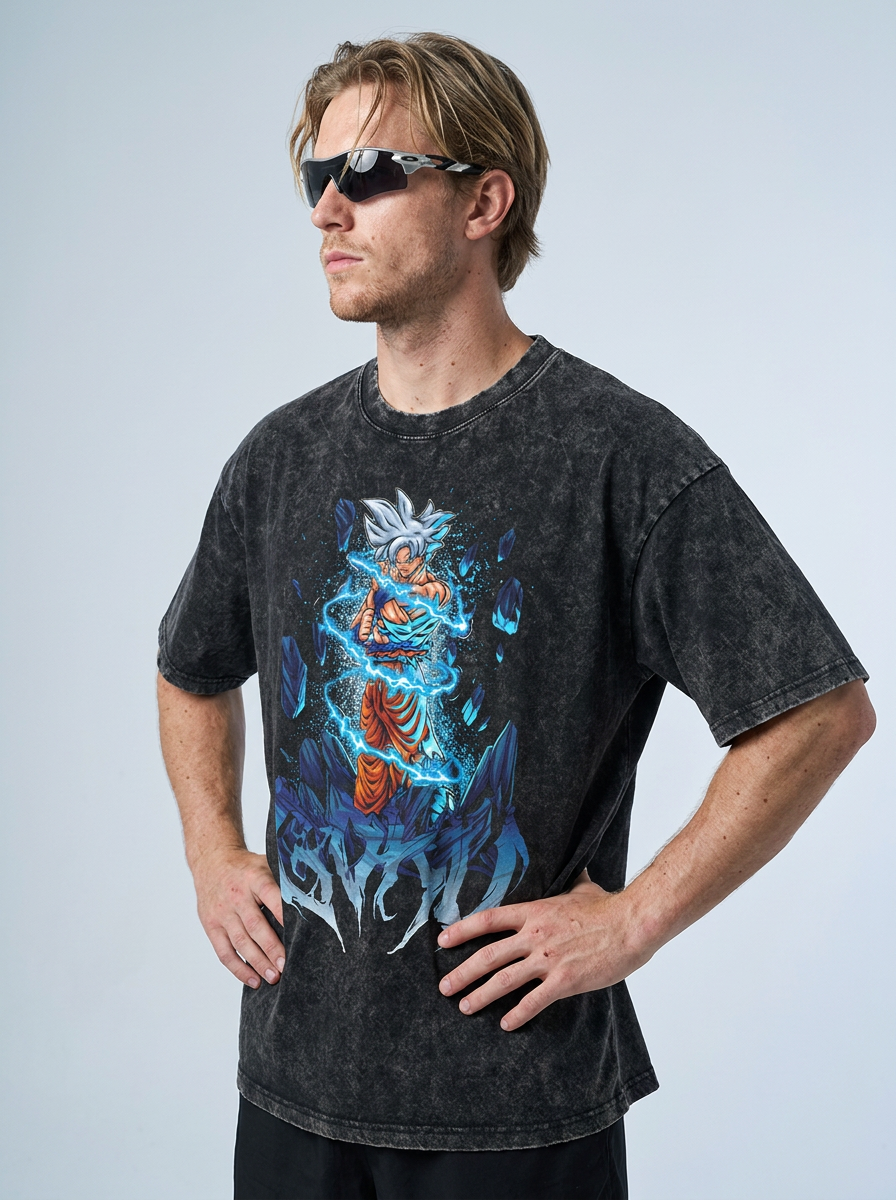 Washed Black Dragon Ball Anime T-shirt for Summer Fashion model side profile athletic — washed cotton t-shirt | Tempus Arc premium anime streetwear